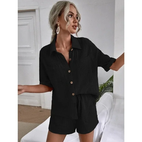 2 piece set: Breast Pocket Button Down Shirt & high waist Shorts coords tan - Picture 8 of 14